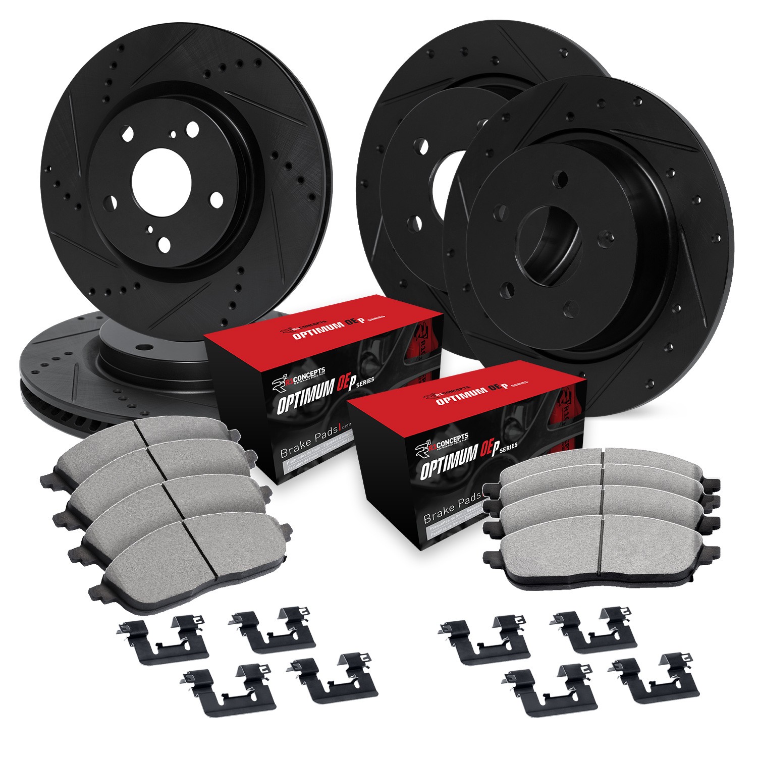 R1 Concepts® 2022 Honda Passport EX-L 6 Cyl 3.5L - Front and Rear Brake Disc and Pad Kit, Cross-drilled and Slotted, OE Replacement, R1 eLINE Black Rotors with Optimum OEp Pads Series