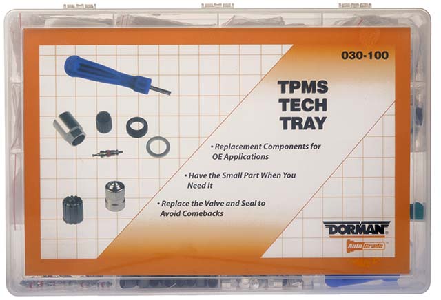 030-100 AutoGrade Series TPMS Valve Stem - Direct Fit, Kit - Dorman 030-100 Tire Pressure Monitoring System Valve Kit Compatible with Select Models, 156 Piece - TPMS TECH TRAY - TPMS Tech Tray With 5 Each Of 11 Valve Core Kits, 25 Valve Cores, Assorted Caps - Tire Pressure Monitoring System Tech Tray - Tire Pressure Transmitter Valve - Tire Pressure Sensor Valve - Tire Valve Stem - The components in this tire pressure monitoring system valve kit are designed to match the original parts required to service the TPS on specified vehicles. Made of quality components, this kit is engineered for reliable performance and durability. - 2009-99 - TPMS Tech Tray With 5 Each Of 11 Valve Core Kits, 25 Valve Cores, Assorted Caps
