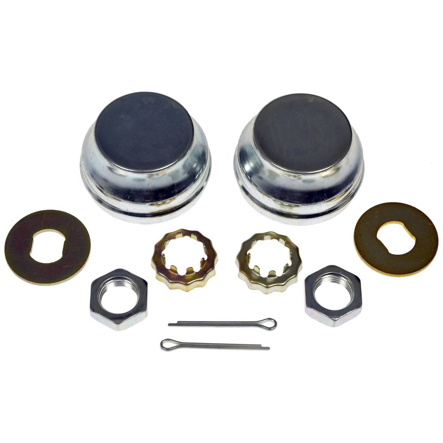 615-019 Spindle Nut - Direct Fit - Dorman 615-019: Spindle Nut And Dust Cap Kit - Dorman Spindle Lock Nut Kit 615-019 - Hub/Spindle Kit - Spindle Nut And Dust Cap Kit - Wheel Bearing Nut - Axle Nut - This spindle lock nut kit includes hardware designed to match the original hardware that can become worn out after frequent servicing. Each kit contains the cotter pin, spindle nut, spindle washer, castellated nut retainer and dust cap to service both front wheels. This kit fits medium- and light-duty Ford vans and trucks to make repacking or replacing front wheel bearings on RWD models a snap. - Ford 2019-84, Lincoln 2002-98, Mercury 2003-97 - Spindle Nut And Dust Cap Kit