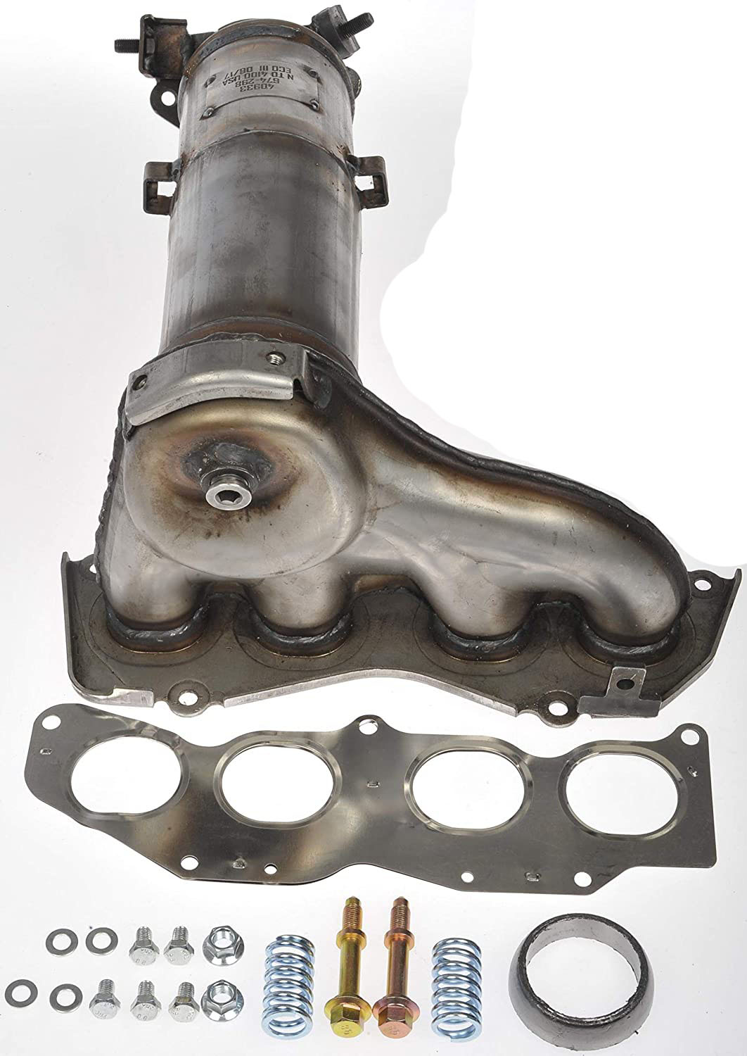 674-298 Front Catalytic Converter, 2.5L, 4Cyl, Federal EPA Standard, 46-State Legal (Cannot ship to CA, CO, NY or ME), OE Solutions Series, Direct Fit - Catalytic Converter - with Integrated Exhaust Manifold, for 2012-2015 Toyota Camry - Dorman Exhaust Manifold 674-298 - Manifold Converter - Not CARB Compliant - Catalytic Converter - Exhaust Manifold - This catalytic converter with integrated exhaust manifold - a.k.a. manifold converter - is precision-engineered to match the original equipment on specific vehicle years, makes and models for a reliable replacement. - Toyota Camry 2015-12