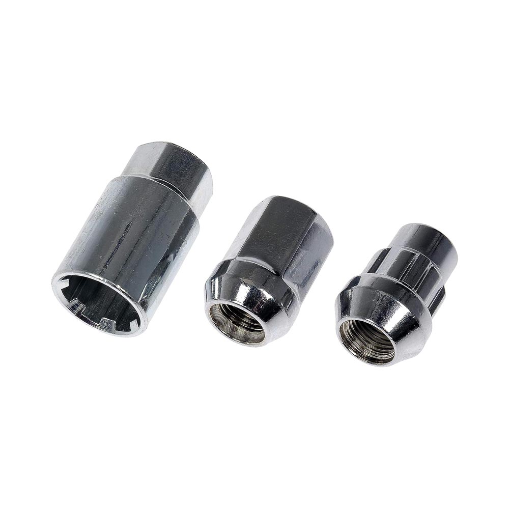 713-275 AutoGrade Series Lug Nut - Chrome, Carbon Steel, Acorn, 1/2 -20 Direct Fit, Set - Dorman Wheel Nut 20 Piece 713-275 - Wheel Lug Nut & Lock Set: 1/2-20 Thread, Conical 60, Acorn, 1.28" L, Chrome, 16 Nuts/4 Locks/1 Key - Whlnut and Lock Set - Chrome Acorn Wheel Nut Lock Set - Lug Nut - This wheel lock set includes sixteen standard lug nuts, four locking lug nuts and a wheel lock key for security. Made of carbon steel with a chrome finish, these wheel nuts have been tested to ensure strength, longevity and safety. - American Motors 1983-77, Dodge 1980-74, Ford 2001-98, Mercury 2001-98, Plymouth 1980-74