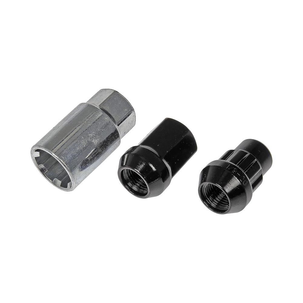 713-275A AutoGrade Series Lug Nut - Black Chrome, Carbon Steel, Acorn, 1/2 -20 Direct Fit, Set - Dorman 713-275A Black Acorn Wheel Nut Lock Set Compatible with Select Models, 20 Pack - Dorman Wheel Nut 20 Piece 713-275A - Whlnut and Lock Set - Black Acorn Wheel Nut Lock Set - Lug Nut - This wheel lock set includes sixteen standard lug nuts, four locking lug nuts and a wheel lock key for security. Made of carbon steel with a black chrome finish, these wheel nuts have been tested to ensure strength, longevity and safety. - American Motors 1983-77, Dodge 1980-74, Ford 2001-98, Mercury 2001-98, Plymouth 1980-74