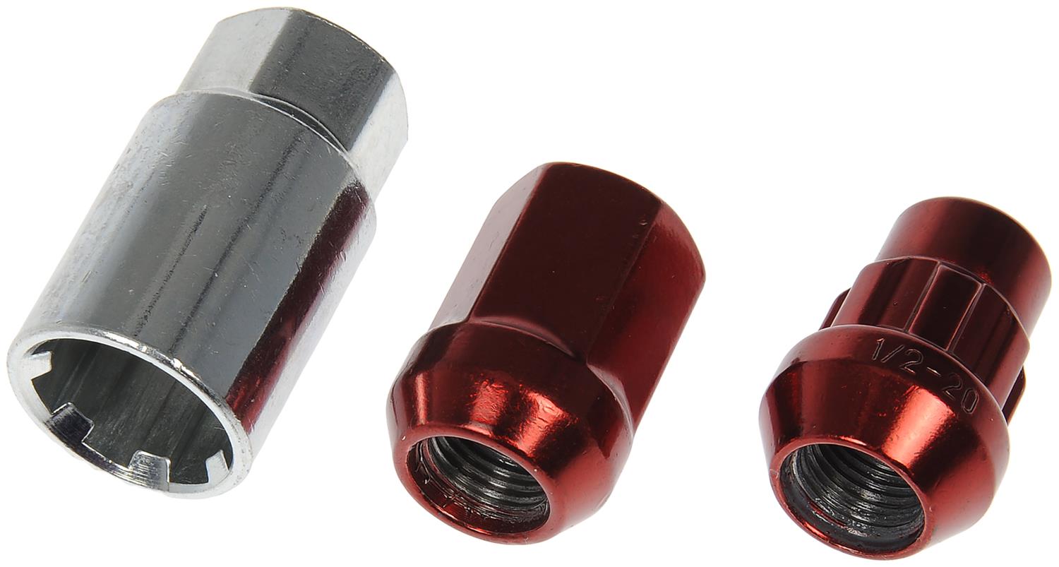 713-275E AutoGrade Series Lug Nut - Red, Carbon Steel, Acorn, 1/2 -20 Direct Fit, Set of 16 - Dorman Wheel Nut 20 Piece 713-275E - Red Acorn Wheel Nut Lock Set - Wheel Lug Nut & Lock Set: 1/2-20 Thread, Conical 60, Acorn, 1.28" L, Red, 16 Nuts/4 Locks/1 Key - Whlnut and Lock Set - Red Acorn Wheel Nut Lock Set - Lug Nut - This wheel lock set includes sixteen standard lug nuts, four locking lug nuts and a wheel lock key for security. Made of carbon steel with a red chrome finish, these wheel nuts have been tested to ensure strength, longevity and safety. - American Motors 1983-77, Dodge 1980-74, Ford 2001-98, Mercury 2001-98, Plymouth 1980-74