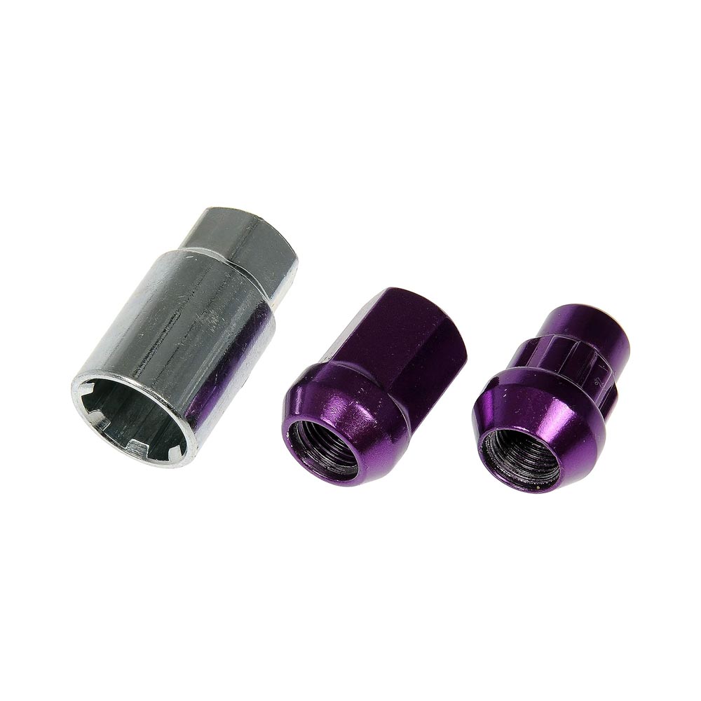 713-275J AutoGrade Series Lug Nut - Purple Chrome, Carbon Steel, Acorn, 1/2 -20 Direct Fit, Set - Dorman Wheel Nut 20 Piece 713-275J - Purple Acorn Wheel Nut Lock Set - Wheel Lug Nut & Lock Set: 1/2-20 Thread, Conical 60, Acorn, 1.28" L, Purple Chrome, 16 Nuts/4 Locks/1 Key - Whlnut and Lock Set - Purple Acorn Wheel Nut Lock Set - Lug Nut - This wheel lock set includes sixteen standard lug nuts, four locking lug nuts and a wheel lock key for security. Made of carbon steel with a purple chrome finish, these wheel nuts have been tested to ensure strength, longevity and safety. - American Motors 1983-77, Dodge 1980-74, Ford 2001-98, Mercury 2001-98, Plymouth 1980-74