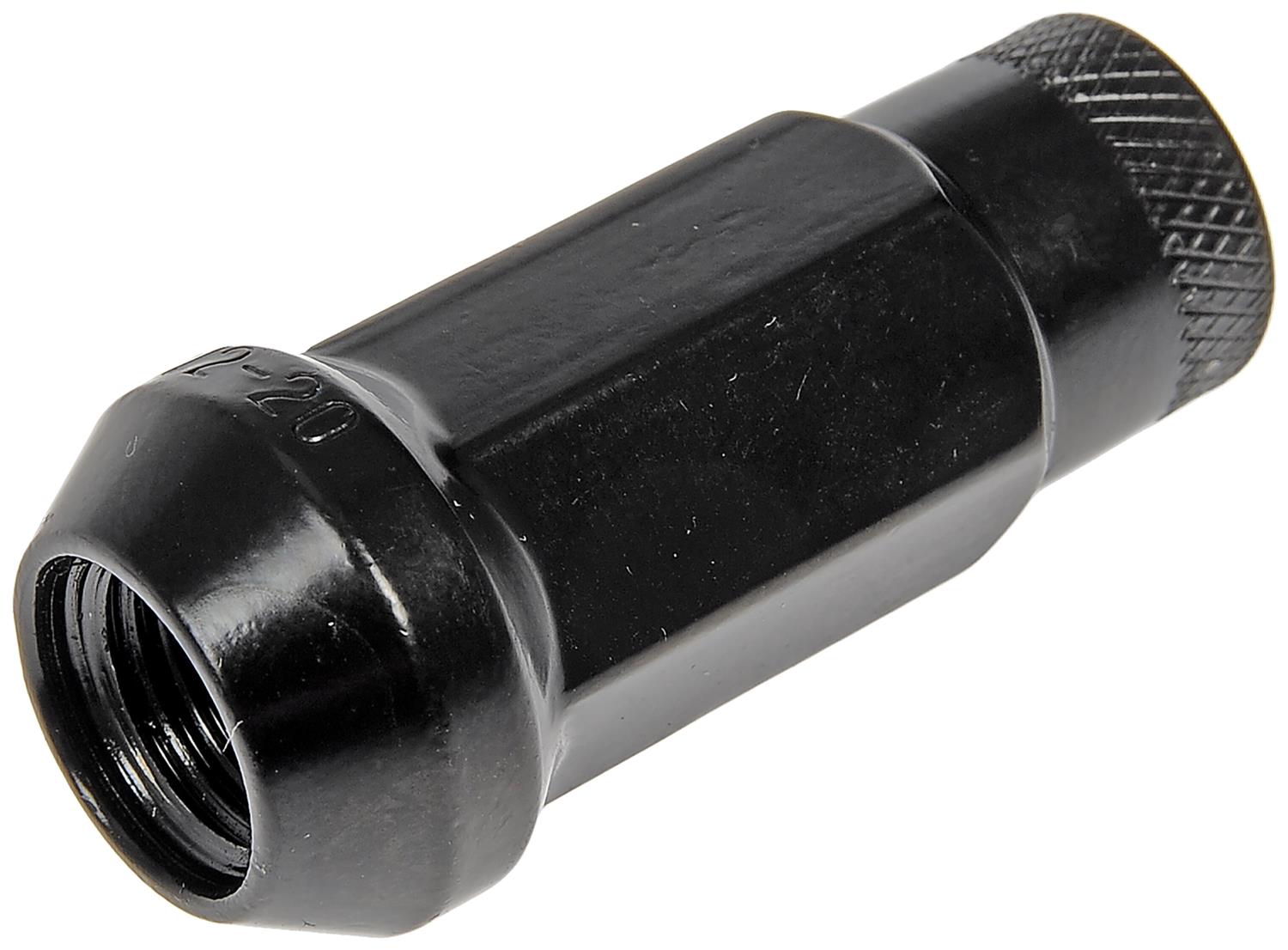 713-285A AutoGrade Series Lug Nut - Black, Carbon Steel, Open End Duplex Acorn, 1/2 -20 Direct Fit, Set of 20 - Dorman 713-285A Black Open End Knurled Wheel Nuts Compatible with Select Models, 20 Pack - Dorman Wheel Nut 20 Piece 713-285A - Open End Racing Nuts - Black Open End Knurled Wheel Nuts - Lug Nut - Upgrade the look of your wheel hardware with these racing-inspired lug nuts. Designed with an open end to accommodate long studs, these nuts are finished with a knurled texture for better grip when spinning them by hand. - 2017, 2015-12, 2010-74 - Wheel Lug Nut: 1/2-20 Thread, Conical 60, Duplex Acorn, 1.88" Length, Black, 20 Pack