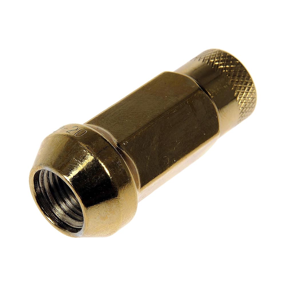 713-285K AutoGrade Series Lug Nut - Gold, Carbon Steel, Open End Duplex Acorn, 1/2 -20 Direct Fit, Set - Dorman 713-285K Gold Open End Knurled Wheel Nuts Compatible with Select Models, 20 Pack - Dorman Wheel Nut 20 Piece 713-285K - Gold Open End Knurled Wheel Nuts - Open End Racing Nuts - Gold Open End Knurled Wheel Nuts - Lug Nut - Upgrade the look of your wheel hardware with these racing-inspired lug nuts. Designed with an open end to accommodate long studs, these nuts are finished with a knurled texture for better grip when spinning them by hand. - 2017, 2015-12, 2010-74 - Wheel Lug Nut: 1/2-20 Thread, Conical 60, Duplex Acorn, 1.88" Length, Gold, 20 Pack