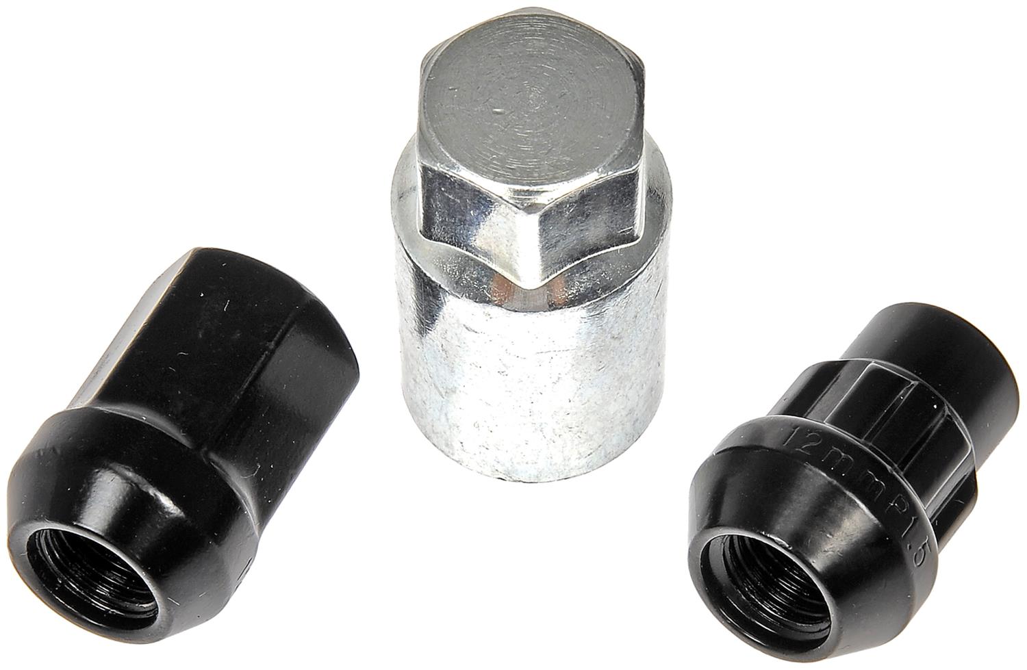 713-375A AutoGrade Series Lug Nut - Black Chrome, Carbon Steel, Acorn, M12-1.50 Direct Fit, Set of 16 - Dorman 713-375A Black Acorn Wheel Nut Lock Set Compatible with Select Models, 20 Pack - Dorman Wheel Nut 20 Piece 713-375A - Wheel Lug Nut & Lock Set: M12-1.50 Thread, Conical 60, Acorn, 32.46 mm L, Black Chrome, 16 Nuts/4 Locks/1 Key - Whlnut and Lock Set - Black Acorn Wheel Nut Lock Set - Lug Nut - This wheel lock set includes sixteen standard lug nuts, four locking lug nuts and a wheel lock key for security. Made of carbon steel with a black chrome finish, these wheel nuts have been tested to ensure strength, longevity and safety. - 2017, 2013-68