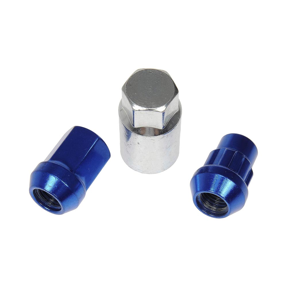 713-375D AutoGrade Series Lug Nut - Blue chrome, Carbon Steel, Acorn, M12-1.50 Direct Fit, Set - Dorman 713-375D Blue Acorn Wheel Nut Lock Set Compatible with Select Models, 20 Pack - Dorman Wheel Nut 20 Piece 713-375D - Wheel Lug Nut & Lock Set: M12-1.50 Thread, Conical 60, Acorn, 32.46 mm L, Blue Chrome, 16 Nuts/4 Locks/1 Key - Whlnut and Lock Set - Blue Acorn Wheel Nut Lock Set - Lug Nut - This wheel lock set includes sixteen standard lug nuts, four locking lug nuts and a wheel lock key for security. Made of carbon steel with a blue chrome finish, these wheel nuts have been tested to ensure strength, longevity and safety. - 2017, 2013-68