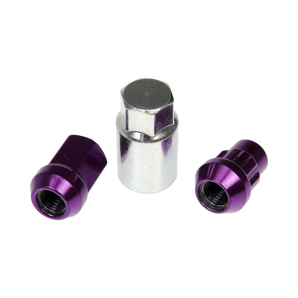 713-375J AutoGrade Series Lug Nut - Purple Chrome, Carbon Steel, Acorn, M12-1.50 Direct Fit, Set - Dorman 713-375J Purple Acorn Wheel Nut Lock Set Compatible with Select Models, 20 Pack - Dorman Wheel Nut 20 Piece 713-375J - Wheel Lug Nut & Lock Set: M12-1.50 Thread, Conical 60, Acorn, 32.46 mm L, Purple Chrome, 16 Nuts/4 Locks/1 Key - Whlnut and Lock Set - Purple Acorn Wheel Nut Lock Set - Lug Nut - This wheel lock set includes sixteen standard lug nuts, four locking lug nuts and a wheel lock key for security. Made of carbon steel with a purple chrome finish, these wheel nuts have been tested to ensure strength, longevity and safety. - 2017, 2013-68