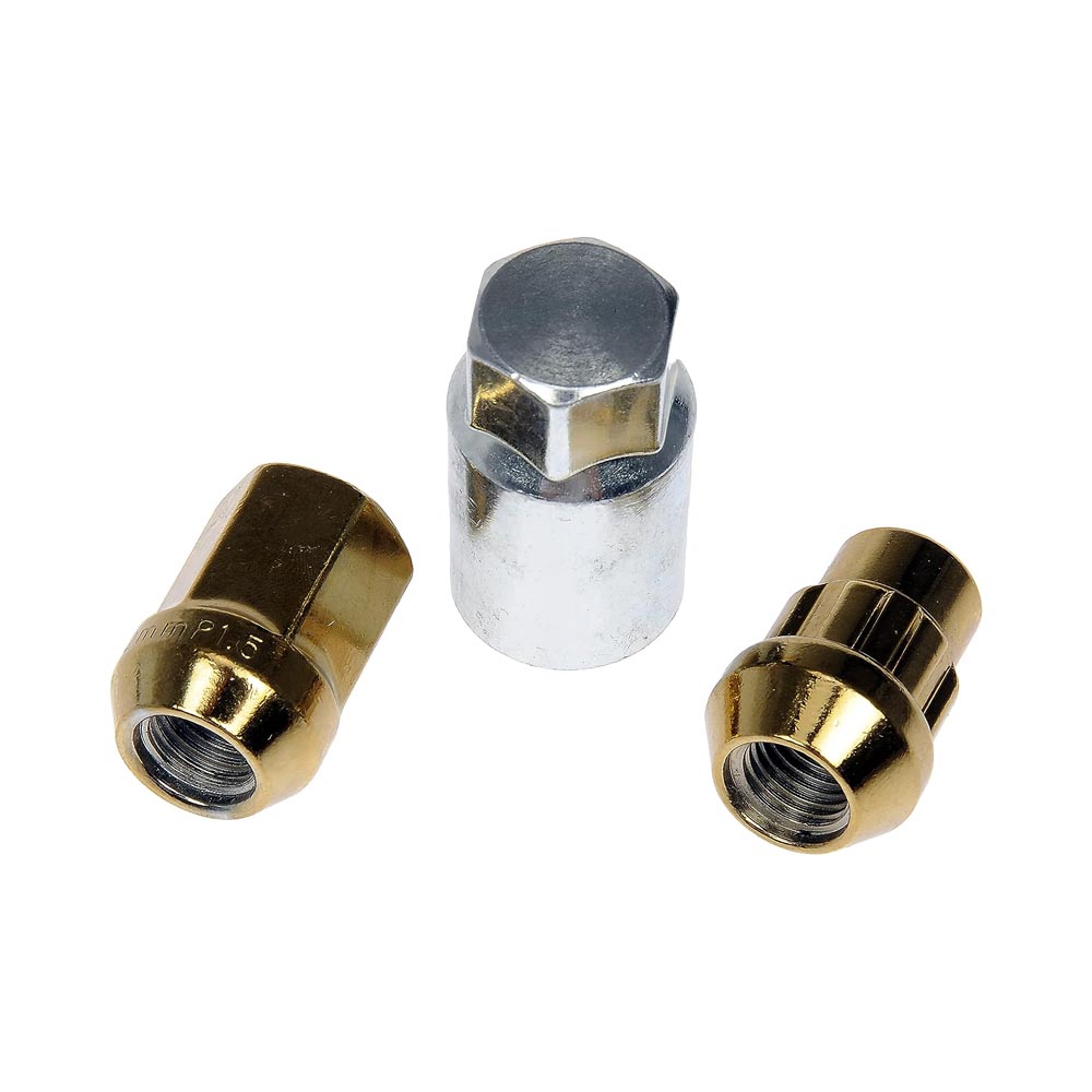 713-375K AutoGrade Series Lug Nut - Gold Chrome, Carbon Steel, Acorn, M12-1.50 Direct Fit, Set - Dorman 713-375K Gold Acorn Wheel Nut Lock Set Compatible with Select Models, 20 Pack - Dorman Wheel Nut 20 Piece 713-375K - Wheel Lug Nut & Lock Set: M12-1.50 Thread, Conical 60, Acorn, 32.46 mm L, Gold Chrome, 16 Nuts/4 Locks/1 Key - Whlnut and Lock Set - Gold Acorn Wheel Nut Lock Set - Lug Nut - This wheel lock set includes sixteen standard lug nuts, four locking lug nuts and a wheel lock key for security. Made of carbon steel with a gold chrome finish, these wheel nuts have been tested to ensure strength, longevity and safety. - 2017, 2013-68