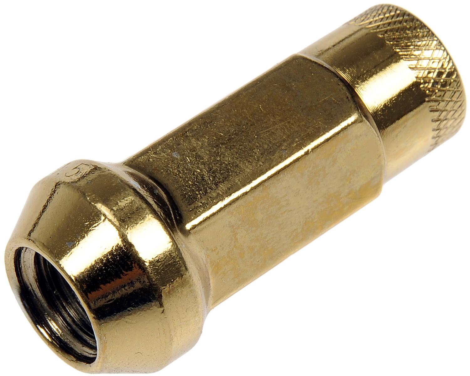 713-385K AutoGrade Series Lug Nut - Gold Chrome, Carbon Steel, Bulge Seat Open End, M12-1.50 Direct Fit, Set of 20 - Dorman 713-385K Gold Open End Knurled Wheel Nuts Compatible with Select Models, 20 Pack - Dorman Wheel Nut 20 Piece 713-685K - Gold Open End Knurled Wheel Nuts - Open End Racing Nuts - Gold Open End Knurled Wheel Nuts - Lug Nut - Upgrade the look of your wheel hardware with these racing-inspired lug nuts. Designed with an open end to accommodate long studs, these nuts are finished with a knurled texture for better grip when spinning them by hand. - 2021, 2017-68 - Wheel Lug Nut: M12-1.50 Thread, Conical 60, Bulge Open End, 48 mm Length, Gold Chrome, 20 Pack