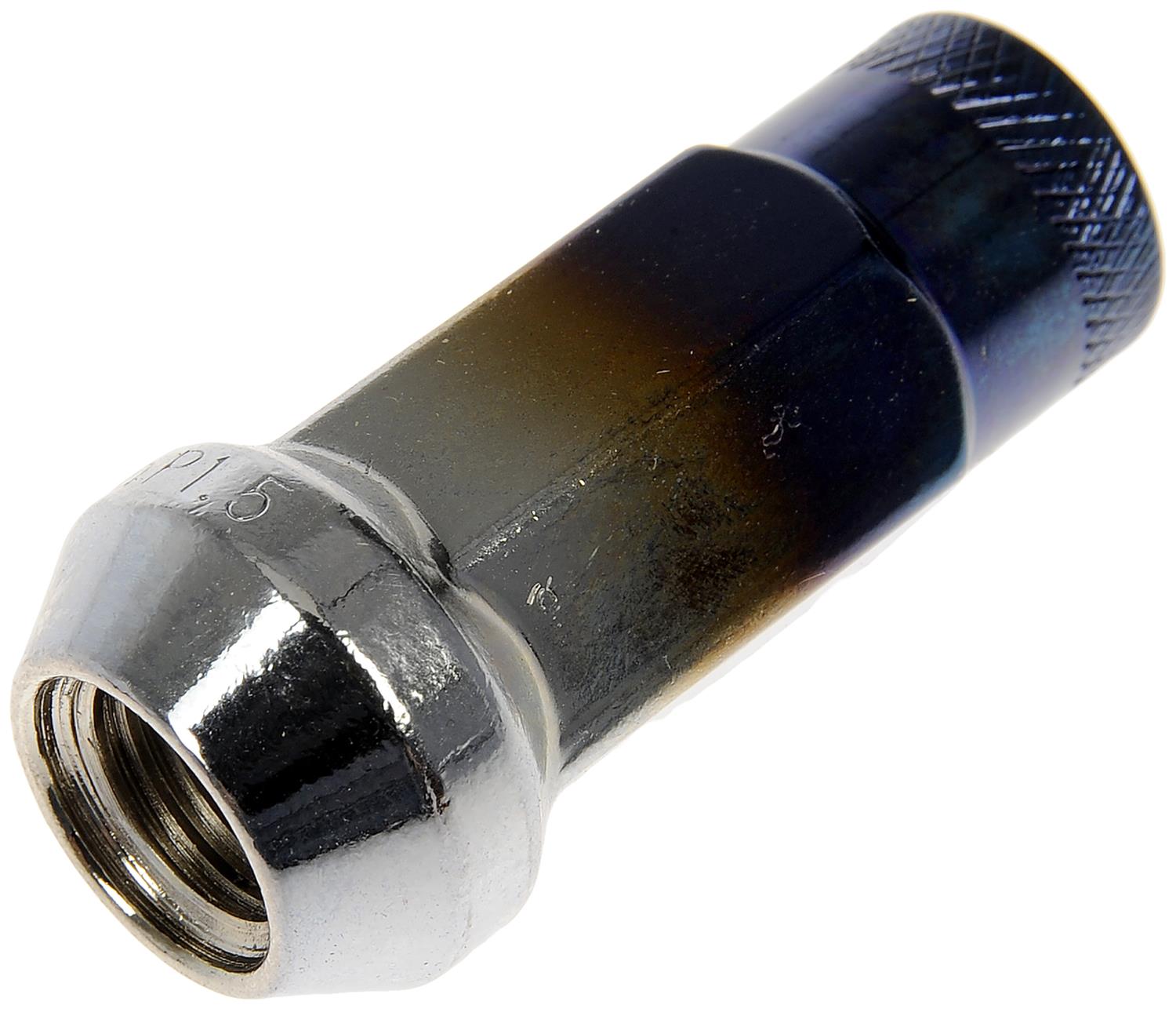 713-385T AutoGrade Series Lug Nut - Ti-Blue Chrome, Carbon Steel, Open End Duplex Acorn, M12-1.50 Direct Fit, Set of 20 - Dorman 713-385T Ti-Blue Open End Knurled Wheel Nuts Compatible with Select Models, 20 Pack - Dorman Wheel Nut 20 Piece 713-385T - Open End Racing Nuts - Ti-Blue Open End Knurled Wheel Nuts - Lug Nut - Upgrade the look of your wheel hardware with these racing-inspired lug nuts. Designed with an open end to accommodate long studs, these nuts are finished with a knurled texture for better grip when spinning them by hand. - 2021, 2017-68 - Ti-Blue Open End Knurled Wheel Nuts