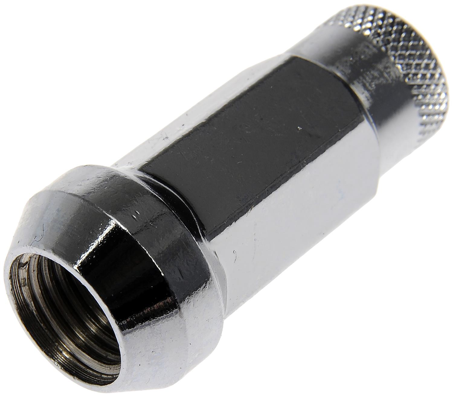 713-685 AutoGrade Series Lug Nut - Chrome, Carbon Steel, Bulge Seat Open End, M14-1.50 Direct Fit, Set of 20 - Dorman 713-685 Chrome Open End Knurled Wheel Nuts Compatible with Select Models, 20 Pack - Dorman Wheel Nut 20 Piece 713-685 - Open End Racing Nuts - Chrome Open End Knurled Wheel Nuts - Lug Nut - Upgrade the look of your wheel hardware with these racing-inspired lug nuts. Designed with an open end to accommodate long studs, these nuts are finished with a knurled texture for better grip when spinning them by hand. - Buick 2010, Cadillac 2015-13, Chevrolet 2011, Chevrolet 1991-88, Dodge 2013-11, GMC 1991-88 - Wheel Lug Nut: M14-1.50 Thread, Conical 60, Bulge Open End, 48 mm Length, Chrome, 20 Pack