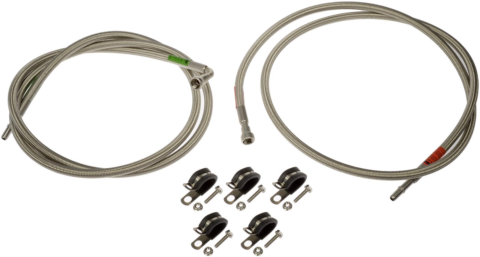 819-821 Fuel Line, 0.31 in. ID; 0.49 in. OD Silver, Plastic, OE Solutions Series - Braided SS Fuel Line - Flexible Stainless Steel Braided Fuel Line - Bulk Fuel Line - Fuel Line Repair - Fuel Tubing - Nylon Fuel Line - Original-style hard fuel lines can be tough to route under the vehicle. These Dorman OE FIX lines are braided stainless steel over flexible PTFE tubing, made to specific length for select Cadillac, Chevrolet and GMC models, with new brackets and factory connectors for the easiest possible installation. - Cadillac 2006-04, Chevrolet 2007-04, GMC 2007-04 - Dorman 819-821 Front Flexible Stainless Steel Braided Fuel Line Compatible with Select Cadillac / Chevrolet / GMC Models (OE FIX) - Dorman - OE Solutions Fuel Line 819-821 - Flexible Stainless Steel Braided Fuel Line - OE Fix Stainless Steel Fuel Line Kit: 3/8"; 5/16" ID, 74"; 81" Long