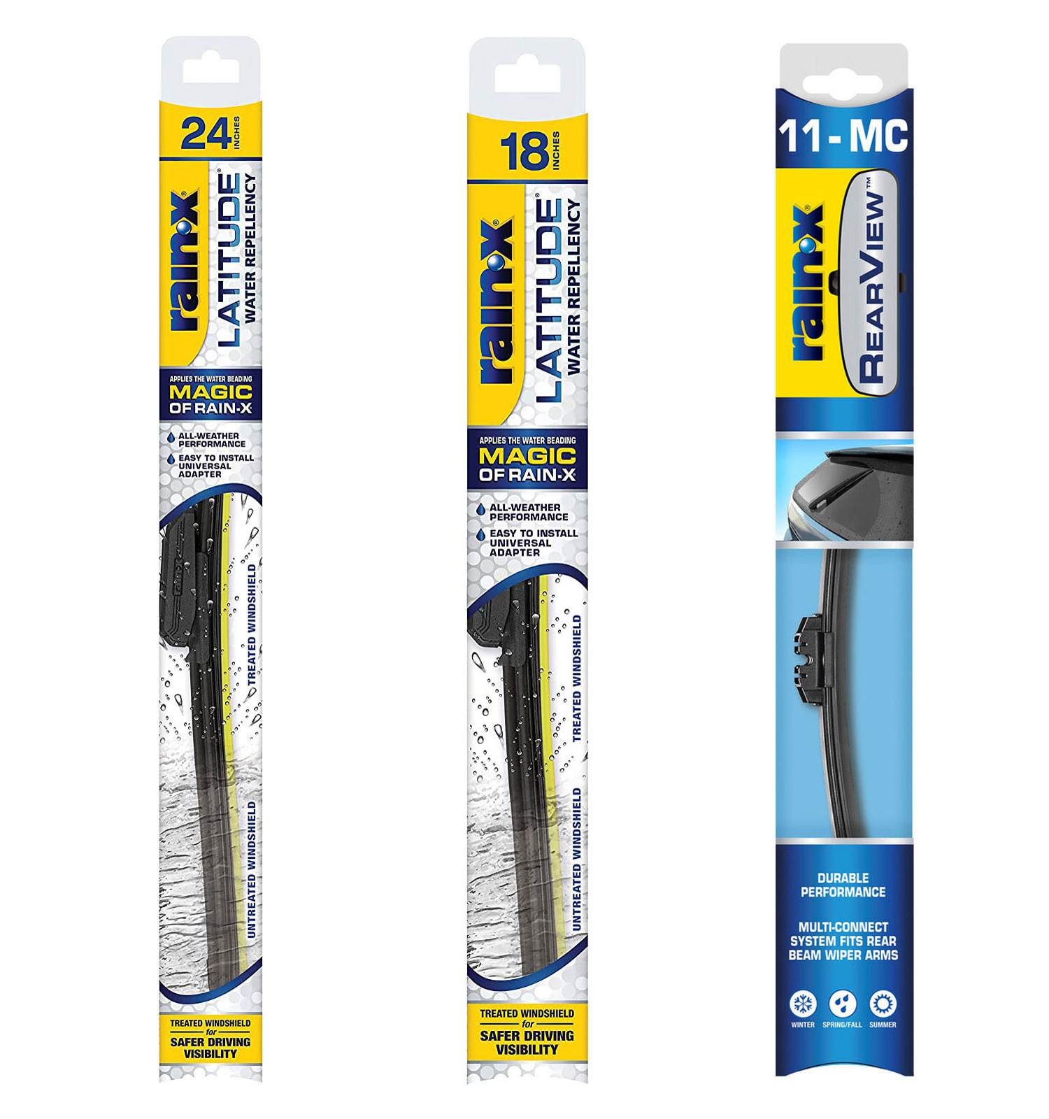 Rain-X® SET-R49850021 Front, Driver and Passenger Side and Rear Latitude  Water Repellency 2-n-1 Series and Rearview Series Wiper Blades, Driver Side  - 24 in.; Passenger Side - 18 in.; Rear - 11 in.