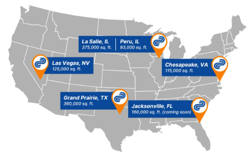 A map of the united states with blue and white pointers