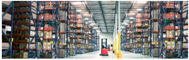 A warehouse with shelves and boxes